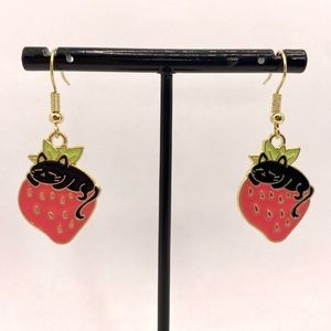 Strawberry Kitty Enamel Earrings